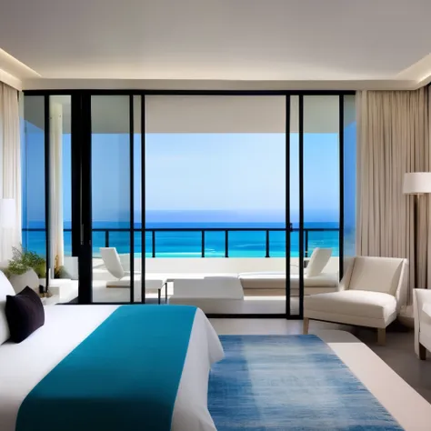 modern interior design bedroom、ocean view from one window、resort condominiums、blue sky、deep blue ocean、spectacular view、realisti...