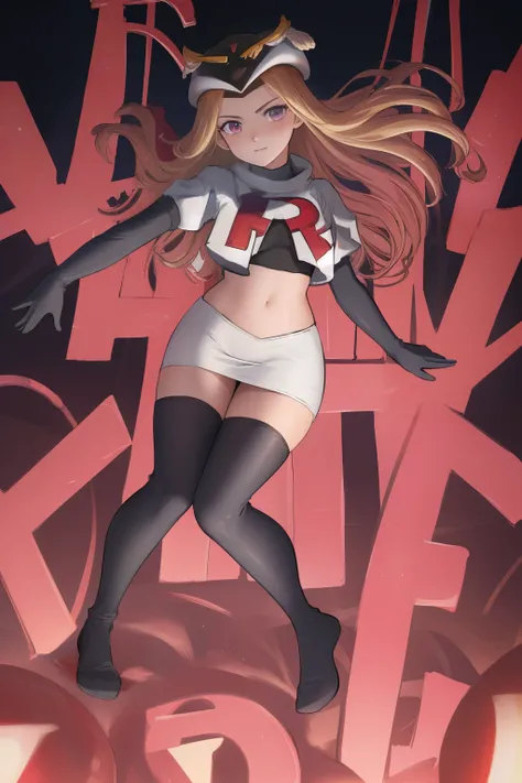 masterpiece, best quality, CG, wallpaper, HDR, high quality, high-definition, extremely detailed, potc, looking at viewer, team rocket,team rocket uniform,white skirt,red letter R,crop top,black thigh-highs,black elbow gloves