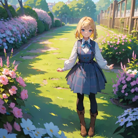 (high quality, High resolution, Super detailed, reality:1.37), peaceful atmosphere, (outdoors, garden), teenage girl standing alone, (big chest.), beautiful detailed features, cute smile, (blonde bob hair), ribbed sweater, blue plaid skirt, black tights, b...