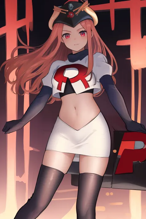 masterpiece, best quality, CG, wallpaper, HDR, high quality, high-definition, extremely detailed, potc, looking at viewer, team rocket,team rocket uniform,white skirt,red letter R,crop top,black thigh-highs,black elbow gloves