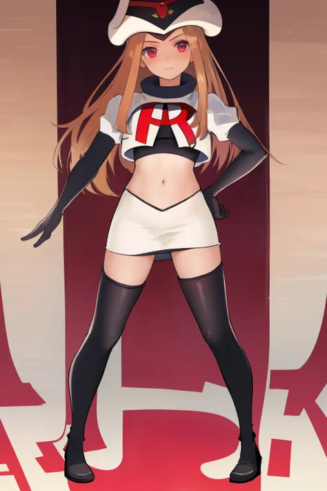 masterpiece, best quality, CG, wallpaper, HDR, high quality, high-definition, extremely detailed, potc, looking at viewer, team rocket,team rocket uniform,white skirt,red letter R,crop top,black thigh-highs,black elbow gloves