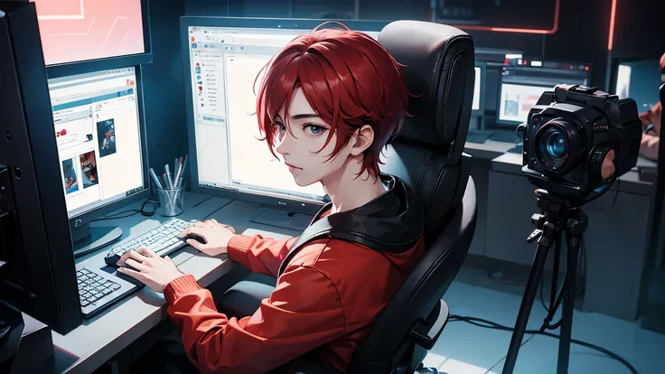 male性、male、man、video editing、computer、one person、bright background、studio、clear、reddish background