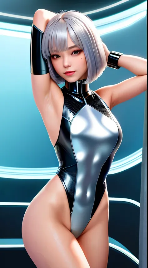 masterpiece, High resolution, highest quality, perfect anatomy, perfect face, beautiful girl, cyber punk, 1 girl, alone, faint lips, {{Happy, smile}}, Metallic Silver Leotard, snug, {{huge }}, just arm, armpit, arm behind head, just play, bob cut, cowboy s...