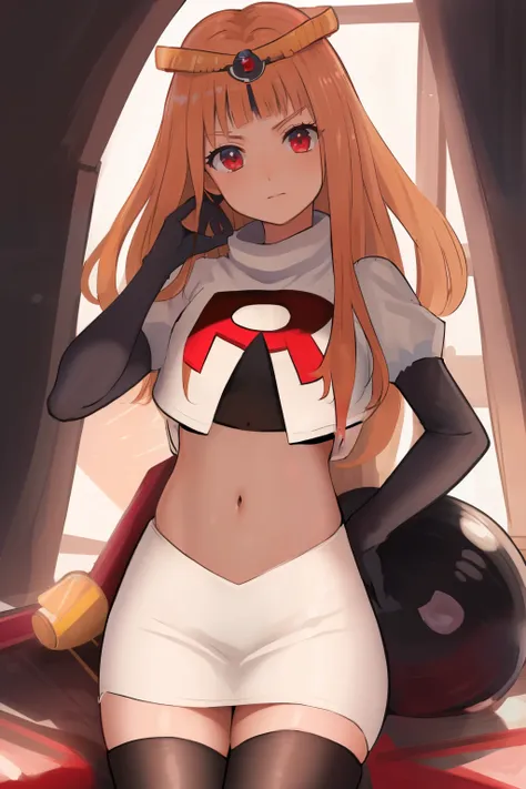 masterpiece, best quality, CG, wallpaper, HDR, high quality, high-definition, extremely detailed, potc, looking at viewer, team rocket,team rocket uniform,white skirt,red letter R,crop top,black thigh-highs,black elbow gloves