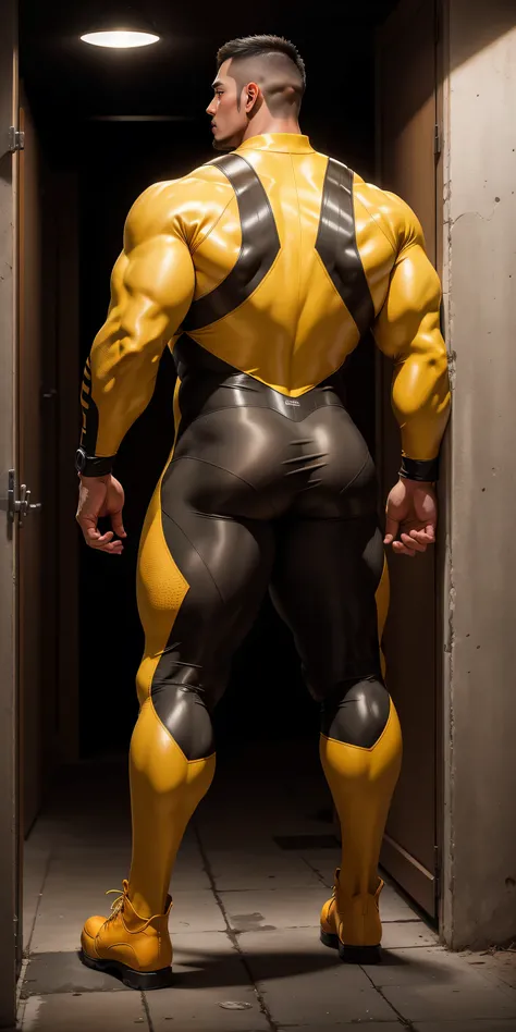 特别High背影, huge, and muscular police officer.，Yellow-brown khaki wetsuit，he faces the wall，Hold the wall with both hands，round butt，Highlights，character idea（He is tall，buzz clip，tough guy）senior police officer，身穿Yellow-brown khaki wetsuit，matte texture，reg...