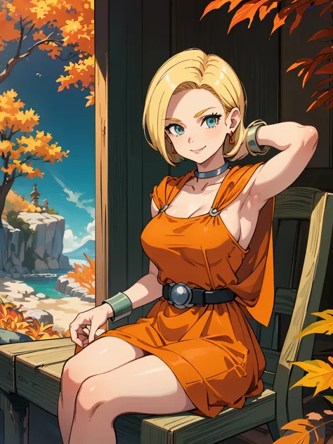 Show your armpits,masterpiece, highest quality, dq bianca, single blade, earrings, choker, orange cloak, green dress, belt, looking at the viewer, big breasts, sitting, Chair, Pouch, autumn, smile 