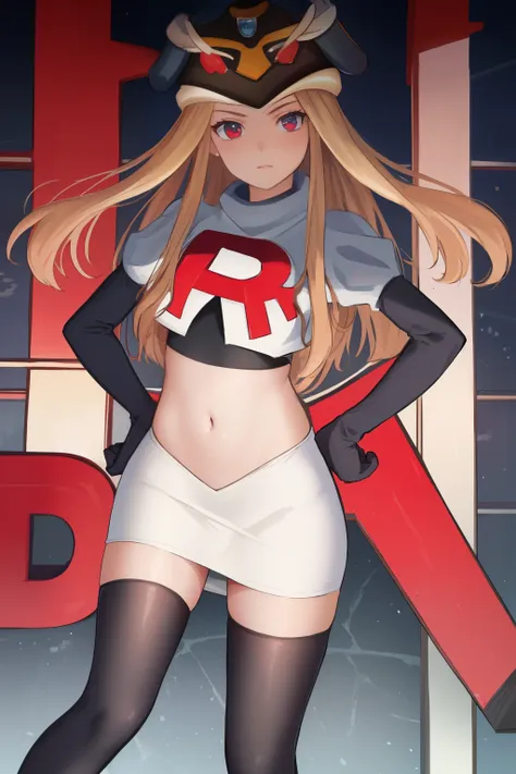 masterpiece, best quality, CG, wallpaper, HDR, high quality, high-definition, extremely detailed, potc, looking at viewer, team rocket,team rocket uniform,white skirt,red letter R,crop top,black thigh-highs,black elbow gloves