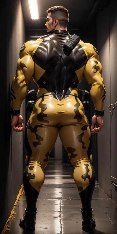 特别High背影, huge, and muscular police officer.，Yellow brown khaki camouflage wetsuit，he faces the wall，Hold the wall with both hands，round butt，Highlights，character idea（Resident Evil - chris redfield，chris redfield）senior police officer，身穿Yellow brown khaki...