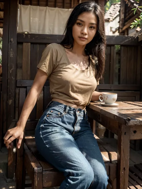 an 40 years old Indonesian woman black hair sitting in an old wooden chair wearing wearing jeans and a simple t-shirt next to him there was an old wooden table with Balinese carving with a cup of hot tea on it in the middle of a bright morning atmosphere