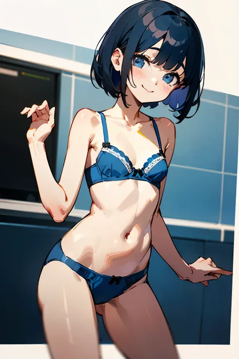 NSFW、with the best image quality、8K、teenage girl standing in the room。black bob hair、cute smile.。small breasts、cute blue bra、wearing cute blue panties。