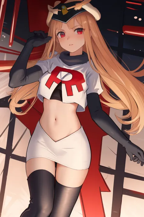 masterpiece, best quality, CG, wallpaper, HDR, high quality, high-definition, extremely detailed, potc, looking at viewer, team rocket,team rocket uniform,white skirt,red letter R,crop top,black thigh-highs,black elbow gloves