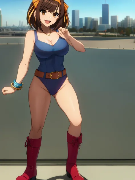 1girl, medium breasts, leotard, blue leotard with red accents, gold tight belt, gold belt, bare legs, boots, red boots, matching boots, bracelets, city backdrop, solo, single, standing, full body shot, cowboy shot, beautiful detailed eyes, haruhi, looking_...