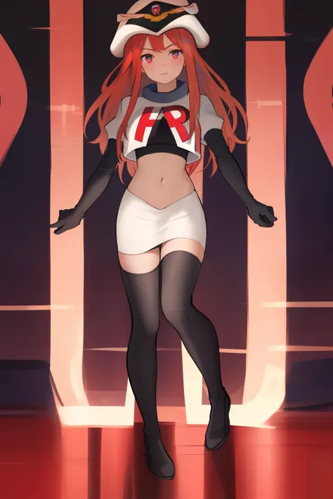 masterpiece, best quality, CG, wallpaper, HDR, high quality, high-definition, extremely detailed, potc, looking at viewer, team rocket,team rocket uniform,white skirt,red letter R,crop top,black thigh-highs,black elbow gloves