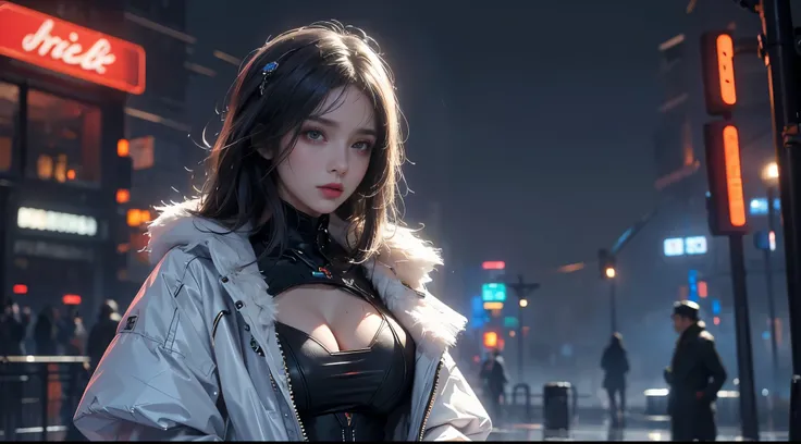 masterpiece，quality，Best quality，official art，（Beauty and Aesthetics：1.2），（masterpiece：1.3），city of the future，cyberpunk characters，a girl，fur coat，No underwear，Sexy figure，looking at camera，（Close-up cleavage：1.8），volumetric fog，snow，snow，drama，night，Chri...