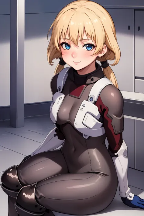 (masterpiecem, best quality, ultra-detailed), MarleneAngelBG, blue eyes, blonde hair, low twintails, bodysuit, gloves, knee pads, sitting, blush, naughty face, looking at viewer, indoors