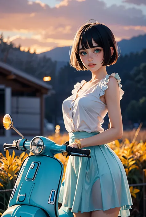 (((realistic))), (a girl stand front a vintage aqua blue vespa motocycle:1.79), girl focus, ((see through white frilly shirt:1.3), (full shot), (pink maxi satin skirt:1.3), nudity, (sweaty)), (flashing panty:1.2), 25 years old, (beautiful puffy clouds, sun...