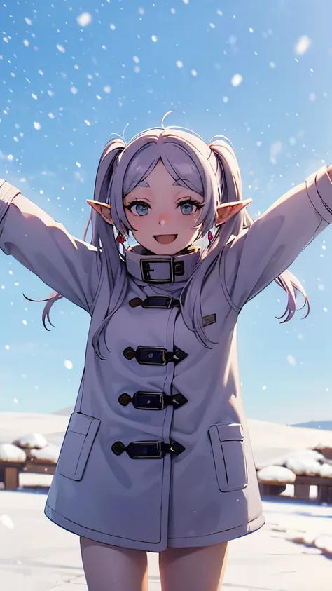 空に向かってjump、raise your arms、jump、elf、silver hair、twin tails、smiling、snowy blue sky、1 girl、whole body、wearing a blue waffle coat、Wearing a muffler、It&#39;s snowing、Red earrings、