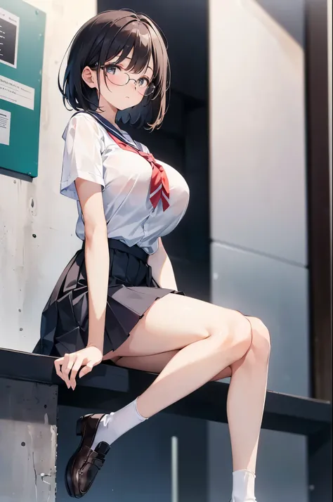 1 girl, glasses, (full body:1.2), sitting, (angle from below:1.1), (angle from the side:1.1), blush, (slim body:1.2), (huge breasts:1.3), (slender and long legs:1.1), black hair, short hair, white short sleeve shirt, pleated skirt, (navy blue high socks:1....