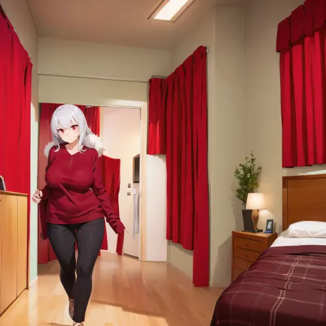 A woman in room, eye red, silver hair, casual clothes
