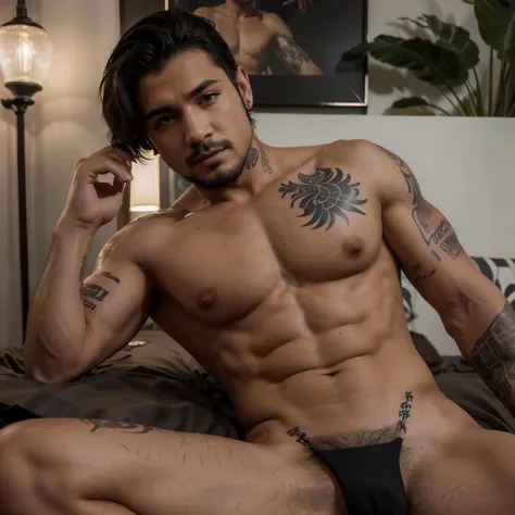 (Mejor calidad,4k,8K,high resolution,Obra maestra:1.2),ultra detallado,(Realista,photoRealista,photo-Realista:1.37),tatuado,fuerte,sexy,hombre musculoso,cuerpo delgado y definido,ojos penetrantes,abdominales esculpidos,vaqueros ajustados,pene erecto,camisa...