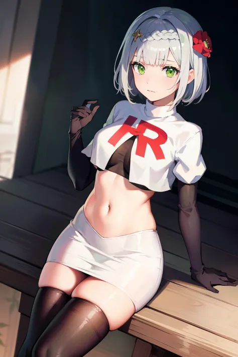 genshinnoelle, noelle, braid, flower, hair flower, hair ornament, short hair, silver hair, (green eyes:1.5),team rocket,team rocket uniform,white skirt,red letter R,crop top,black thigh-highs,black elbow gloves 