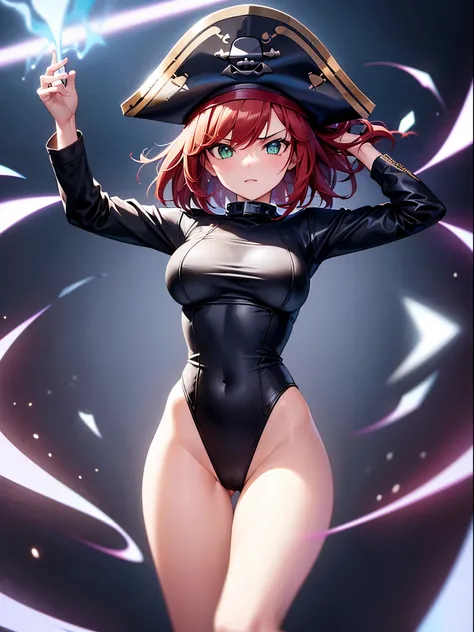 1girl, solo, masterpiece, best quality, black leotard, (long sleeves, pirate costume, pirate hat, pirate boots), body infused with electricity, lighting, particles, redhead, green eyes, blue aura, energy field, full body shot, depth of field, looking at vi...