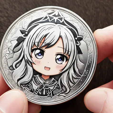  a silver coin with a hand-painted anime character on its front. The chibi girls deformed features and playful expression make this coin a unique and captivating piece of art. The level of detail in this image will leave you in awe.