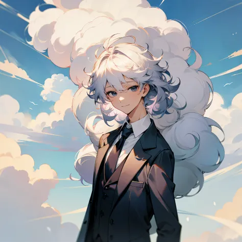 1male , White Hair , Fluffy Curly Hair , Cloud Hair , Cloudy Background , Suit and Tie , Casual Clothing , Black Eyes , Happy Expression , Cloudy Hair 