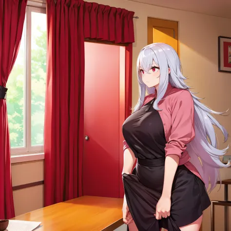 A woman in room, eye red, silver hair, casual clothes
