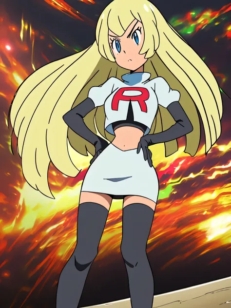 8k, ,1girl in, (solo:1.1), (perfect body:1.1), (best quality:1.1), very large breast, team rocket uniform, red letter r, white skirt,white crop top,black thigh-high boots, black elbow gloves, glaring angrily, looking down at viewer, hands on hips,zettai ry...