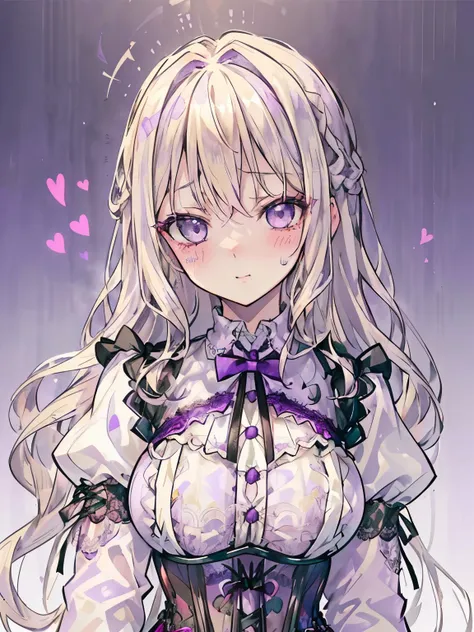 girl,(long hair with blonde curls),(light purple eyes:1.2),(lace shirt:1.2),((corset:1.3)),(Upper body:1.4),((face waiting for a kiss:1.1)),(looking at the camera:1.3),((blush)),((Sexy ecstasy look)),((close up of face)),((tits))