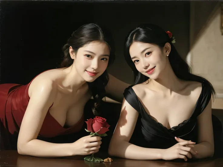 full body portrait ,fruits,Rose ,flower,Rosa,antique,A smile,,Sweet and seductive appearance.、Caravaggios paintings、Chiaroscuro of Caravaggio,Two women frolicking,Cute smile, Expression of ecstasy