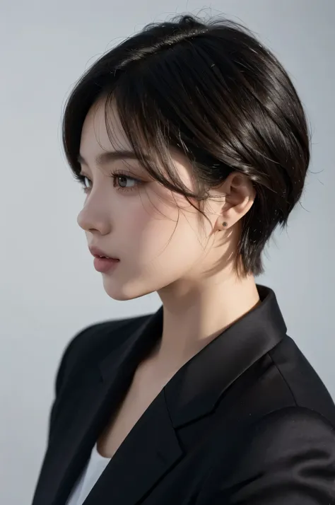 realistic light,natural light,white background,top quality、8 thousand、32,000、masterpiece、UHD:1.2)、photo of korean woman、Korean Shorthair、black hair、upper part of the body,bust、from above、Short hair,black jacket,profile,아주Short hair,shortcut,45 city line,pa...