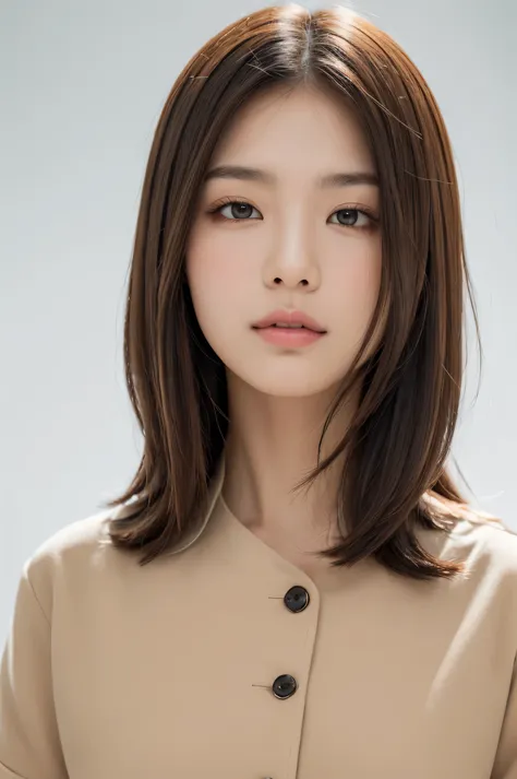 realistic light,natural light,white background,top quality、8 thousand、32,000、masterpiece、UHD:1.2)、photo of korean woman,small eyes,korean hair、dark brown hair、upper part of the body,bust、from above,beige short sleeve jacket,profile,launch,Tassel Cut,hime c...