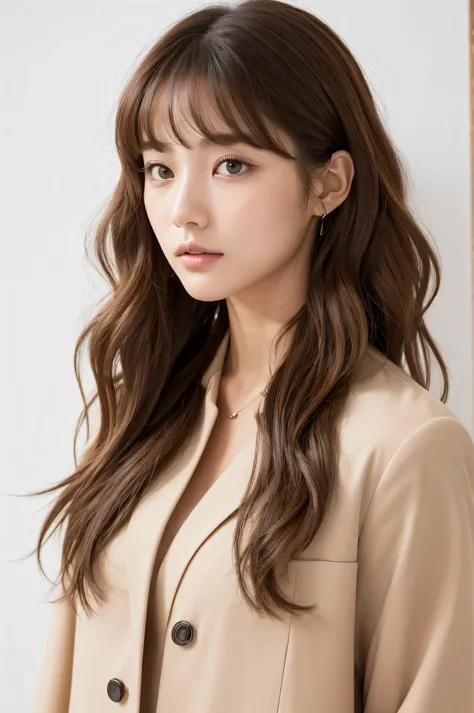 realistic light,natural light,white background,top quality、8 thousand、32,000、masterpiece、UHD:1.2)、photo of korean woman,small eyes,코리안 hippie perm헤어、dark brown hair、upper part of the body,bust、from above、wavy hair,beige short sleeve jacket,profile,long hai...