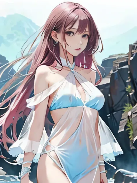 Beautiful and slim perfect body、very long pink hair、cool look、whole body expression、medium breasts、off-shoulder white bikini armor、light blue see-through dress、The background is a dark and desolate land