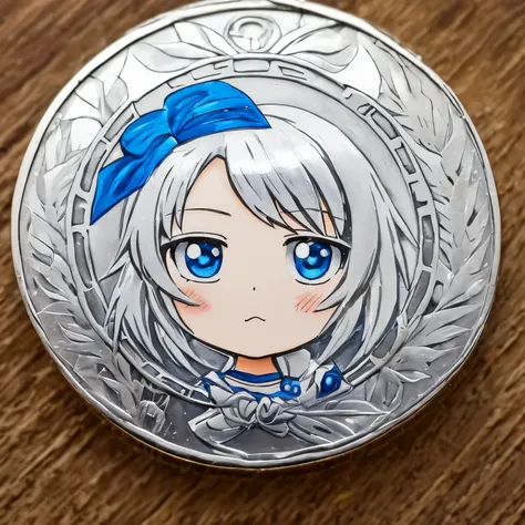 (( a silver coin with a hand-painted anime character on its front.)) The chibi girls deformed features and playful expression make this coin a unique and captivating piece of art. The level of detail in this image will leave you in awe.