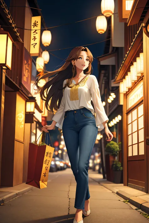 attractive brunette woman, for a long time, Beautiful locks flowing in the gentle breeze, Take a walk through the lively streets of Japan. Wearing a pure white blouse and tight-fitting jeans, She exudes an aura of calm elegance. The sun sets behind her, Ca...