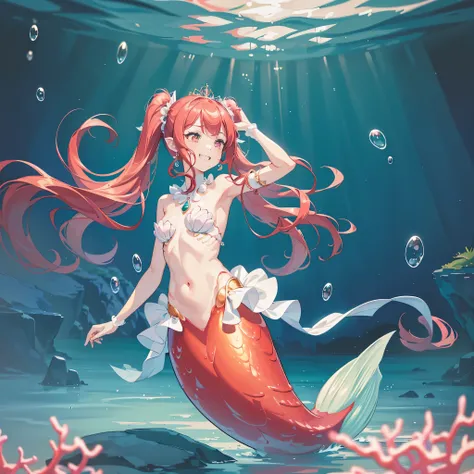 (best quality,4k,8k,highres,masterpiece:1.2),ultra-detailed, Pretty 15 years old princess magically transformed into a beautiful mermaid, race swap, fantastic transformation, none human, steampunk, fish like, wet body, surrounded by small bubbles, long mer...