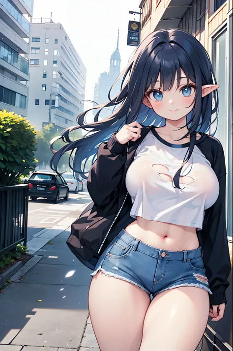 realistic image, coherent image, detailed image, 1 beautiful elf, She has long dark blue hair, long eyelashes. Greenish blue eyes. Her face is oval and delicate, smiling. She is wearing a long-sleeved t-shirt, showing her navel, ripped shorts, and sneakers...