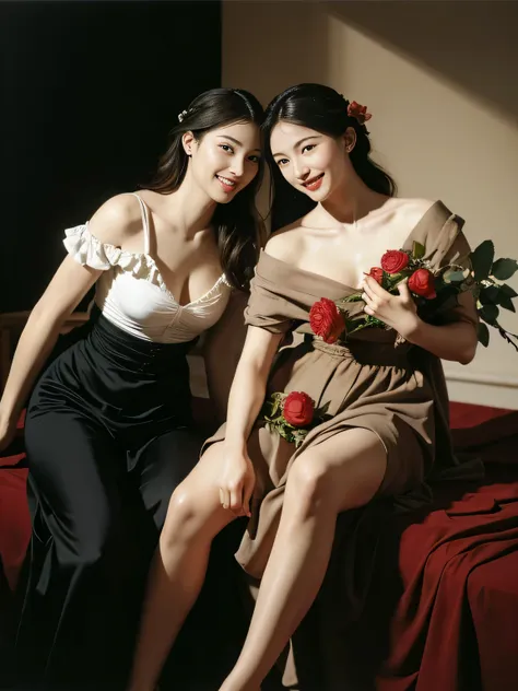 full body portrait ,fruit,Rose ,flower,rosa,antique,laughter,,sweet and enchanting appearance.、caravaggio painting、Caravaggio&#39;s Chiaroscuro,two women having fun,cute smile, expression of ecstasy