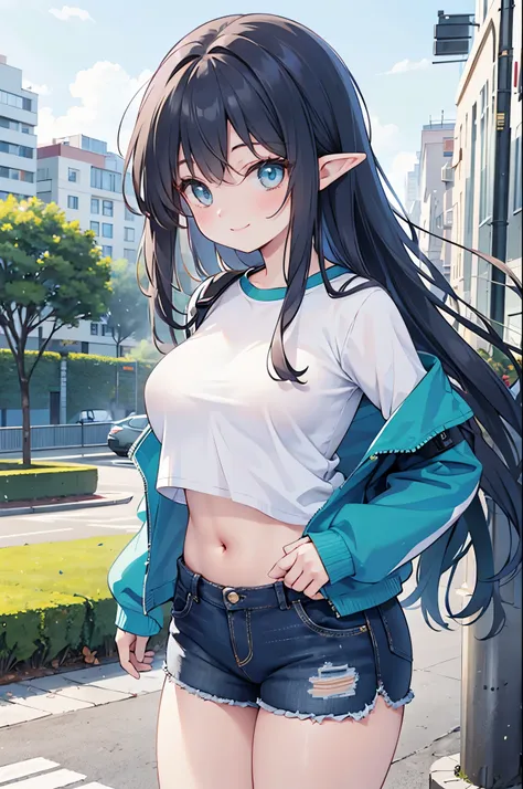 realistic image, coherent image, detailed image, 1 beautiful elf, She has long dark blue hair, long eyelashes. Greenish blue eyes. Her face is oval and delicate, smiling. She is wearing a long-sleeved t-shirt, showing her navel, ripped shorts, and sneakers...