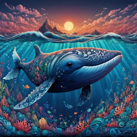 (best quality, highres, ultra sharp), magical ,cute Giant whale, in the ocean, zentangle, full colored, 3d crunch, realistic feeling,