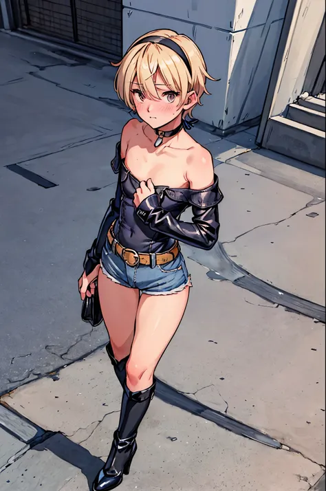 best quality,ultra-detailed,((background:outside street1,8)),(walk in the street),(cowboy shot),((one boy)),((fem boy)),((trap)),((bulge)),black-choker,((blonde short hair)),((man’s face)),((dress up as a woman)),((blush)),((flustred)),((poor chest)),((fla...