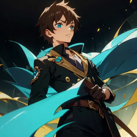 Young guy, short brown hair, Cyan eyes, Black costume with gold elements, Masterpiece, hiquality