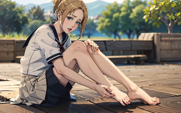 (blonde hair:1.4), blue eyes, low ponytail, (plump:1.2),1girl, feet, barefoot, solo,  school_uniform, looking_at_viewer, blurry,...