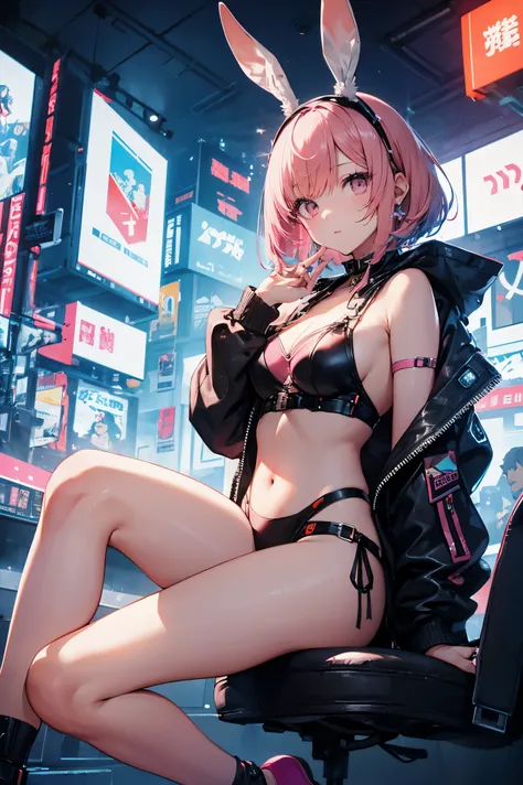 High quality、highest quality、complete limbs、Ultra high definition、Sparkling eyes、full finger、slender beauty、knee high、Wearing revealing clothes、cyberpunk style、near future、Bunny girl、goggles、pink hair、bob cut