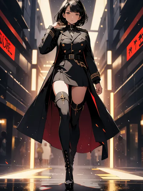 1girl:1.3, ((full body)) mature female military leader, black beehive hairstyle, wearing green military dress-uniform long coat, epaulettes, black tights, black thigh-high boots with platform heels, commanding expression, piercing glare, walking, striding,...