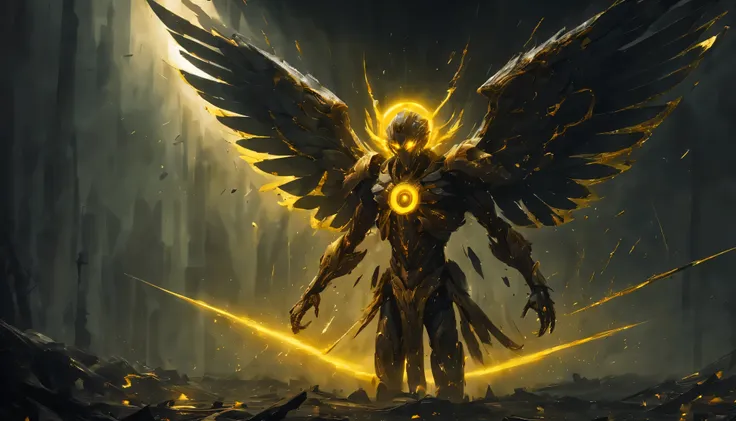 (best quality,highres,ultra-detailed,realistic:1.37),cosmic atmosphere,decayed fallen archangel,(extended yellow eyes),bio-mechanical,mysterious,creepy,nightmare,hidden cores,light particles,bio-luminescence,dark lighting