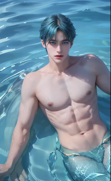 17-year-old handsome, cute, six-pack, blue- short hair, blue-eyes, Face flushed, enjoying, swimming on the sea , merman with a blue white shark tail mermaid with beautiful long colourfull transparent fin perfect mermaid tails, fullbody,background sea ecosy...